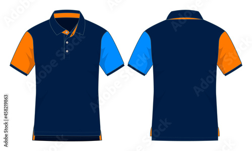 Sport navy blue-blue-orange short sleeve polo shirt design on white background. Front and back views, vector file