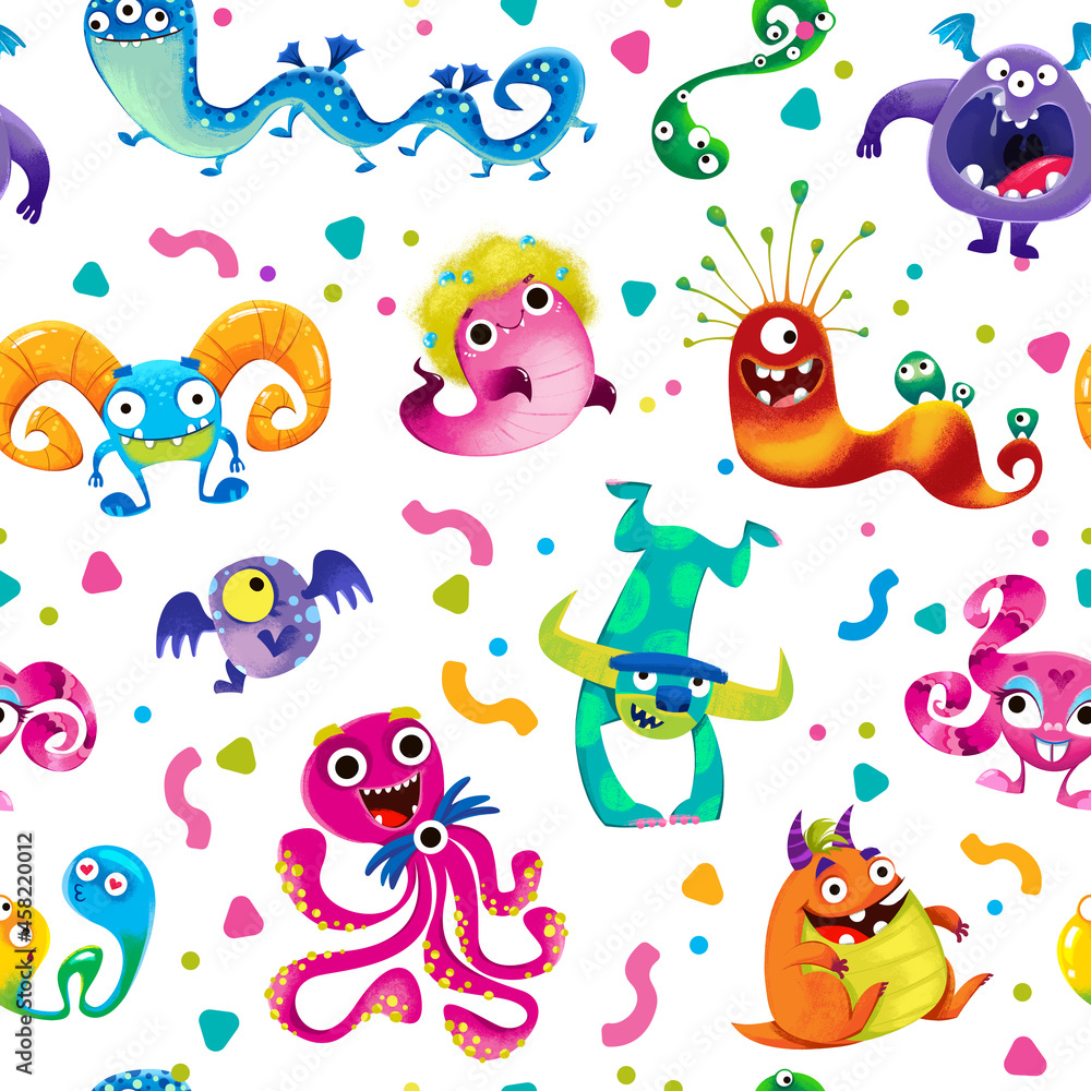 Monsters and colorful aliens, Seamless pattern on a white background. Cheerful childrens multicolored illustration with cute funny and childish characters in cartoon style, hand drawing