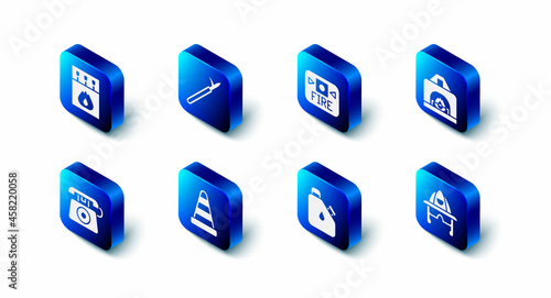 Set Metal pike pole, Fire alarm system, Interior fireplace, Firefighter helmet, Canister fuel, Traffic cone, Telephone call 911 and Matchbox and matches icon. Vector