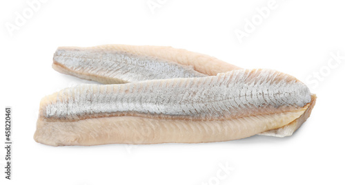 Fotografie Delicious salted herring fillets on white background