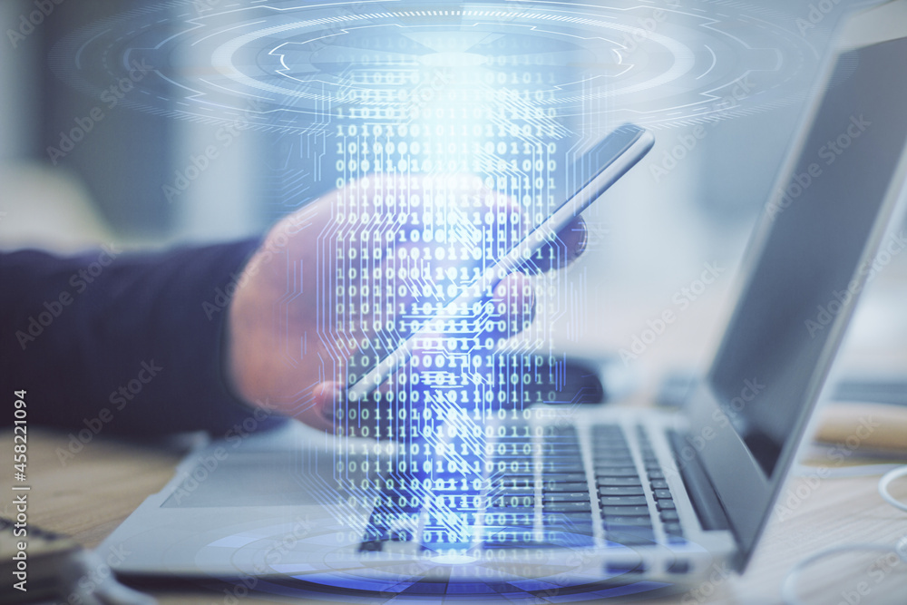 Multi exposure of man's hands holding and using a digital device and data theme drawing. Innovation concept. Multi exposure of man's hands holding and using a digital device and data theme drawing. Innovation concept.