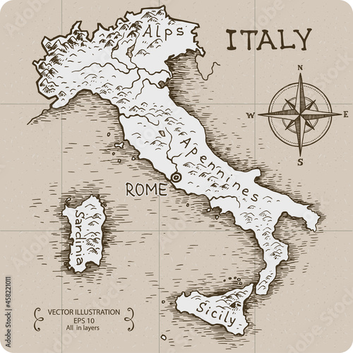 Vintage Map of Italy. Hand drawn vector illustration.