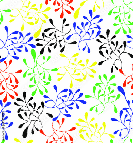 Abstract Hand Drawing Colorful Embroidery Leaves Seamless Vector Pattern Isolated Background