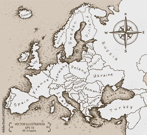 Vintage Map of Europe. Hand drawn vector illustration.