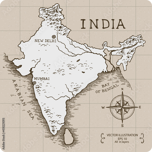 Vintage Map of India. Hand drawn vector illustration.