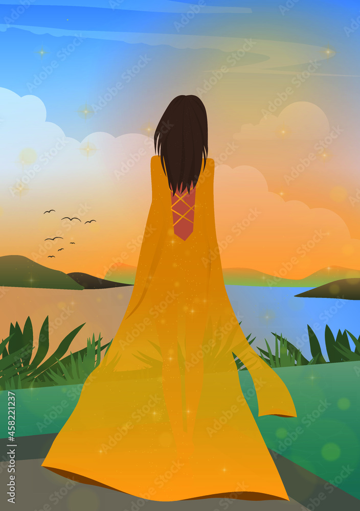 Digital illustration Back view of a girl on vacation in an evening yellow dress meets a fabulous sunset with glare and shine against the backdrop of a seascape
