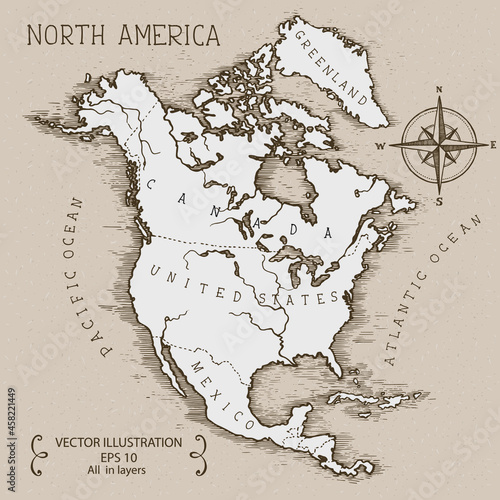 Vintage Map of North America. Hand drawn vector illustration.
