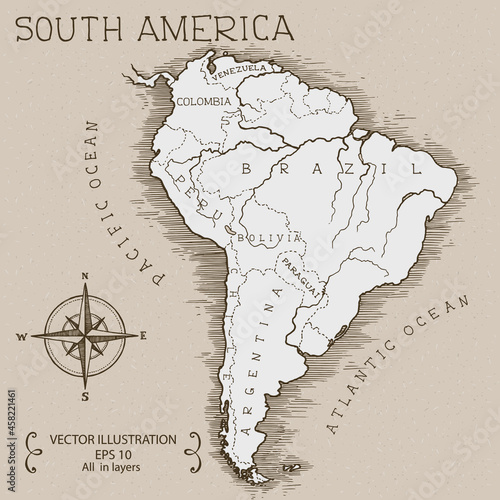 Vintage Map of South America. Hand drawn vector illustration.
