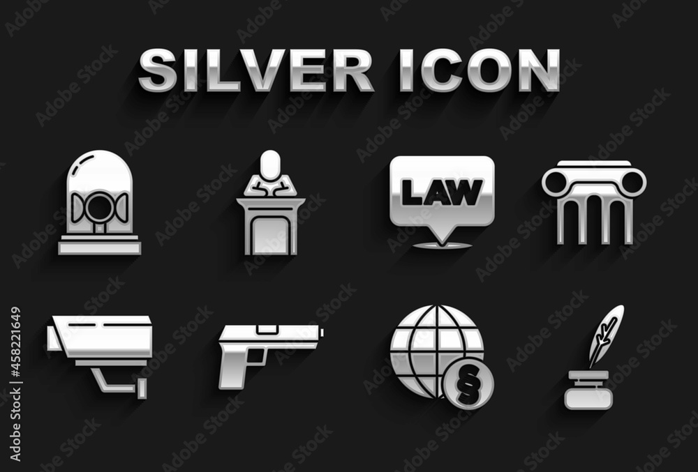 Set Pistol or gun, Law pillar, Feather and inkwell, International law, Security camera, Location, Flasher siren and Judge icon. Vector Set Pistol or gun, Law pillar, Feather and inkwell, International law, Security camera, Location, Flasher siren and Judge icon. Vector