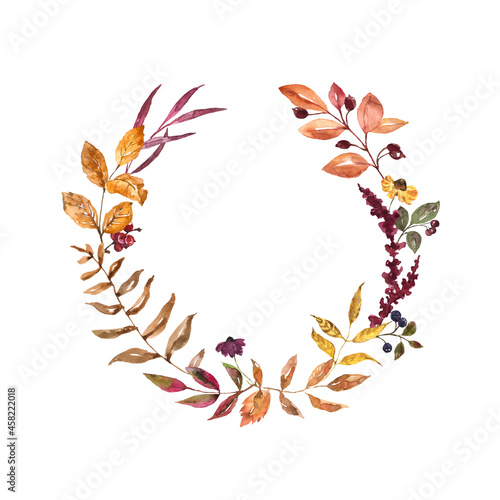 Fall botanical wreath with orange and yellow leaves, arrngement with berries foliage. Autumn invitation template. Holiday card. photo