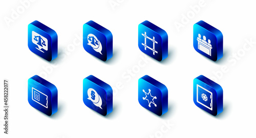 Set Scales of justice, Prison window, Jurors, Safe, Hexagram sheriff, Law, and icon. Vector