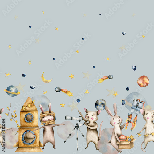 Watercolor seamless pattern with mice and bunnies playing astronauts with a cardboard rocket  a telescope  planets and a jetpack on a gray-blue background