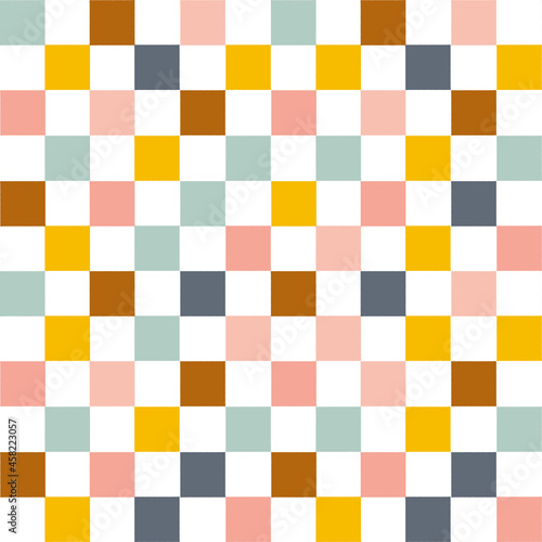 Colorful checkered pattern. Seamless vector abstract geometric pattern in blue, pink, brown, and orange.