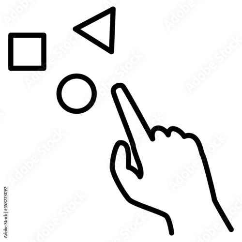 The hand and geometric shapes - circle, triangle, square. Selecting one element, determining the desired symbol. Icon, vector, outline, isolated.