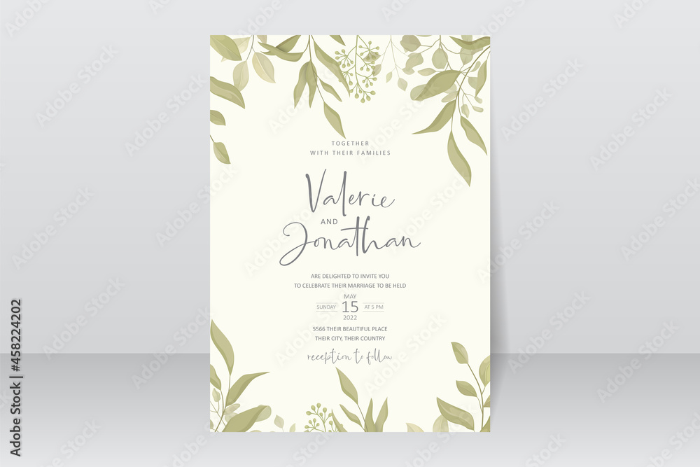 Wedding invitation template with green leaf design
