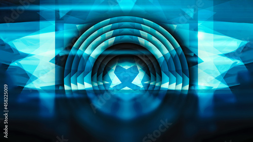 Fototapeta Naklejka Na Ścianę i Meble -  Blue background. Abstract future technology vision design innovation concept. 3D illustration background. Sci fi technology pattern big hall room with lights and circle shaped neon light