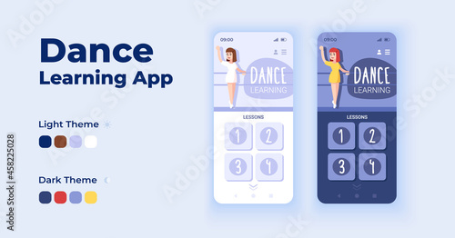 Dance learning app cartoon smartphone interface vector templates set. Mobile app screen page day and dark mode design. Online dance classes UI for application. Phone display with flat character