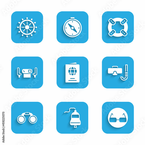 Set Passport, Ship bell, Glasses, Diving mask and snorkel, Binoculars, Poker table, Lifebuoy and steering wheel icon. Vector