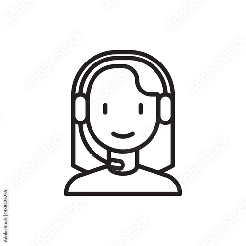 Call center operator. Young woman in headset thin line icon. Vector illustration.