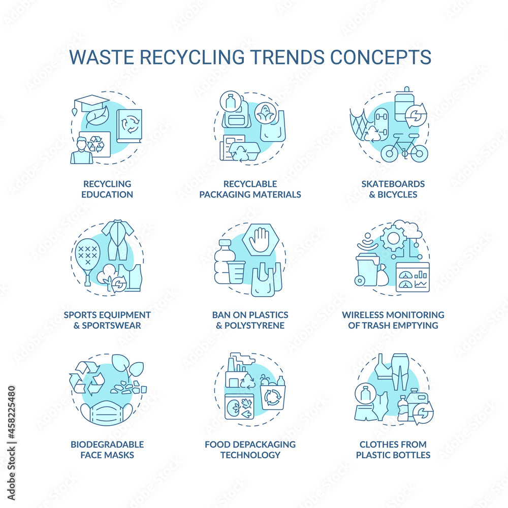 Garbage recycling trends concept icons set. Environmental problems. Reduction in world pollution idea thin line color illustrations. Vector isolated outline drawings. Editable stroke Garbage recycling trends concept icons set. Environmental problems. Reduction in world pollution idea thin line color illustrations. Vector isolated outline drawings. Editable stroke