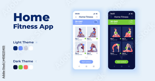 Home fitness app cartoon smartphone interface vector templates set. Mobile app screen page day and dark mode design. Online sport exercises UI for application. Phone display with flat character