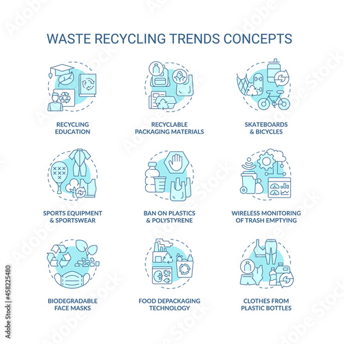 Garbage recycling trends concept icons set. Environmental problems. Reduction in world pollution idea thin line color illustrations. Vector isolated outline drawings. Editable stroke