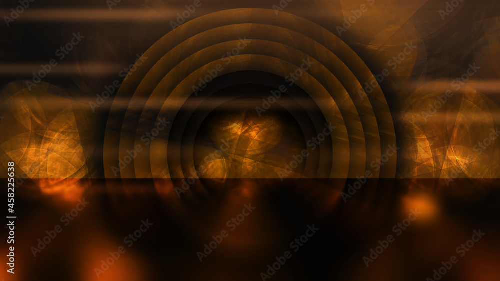 Abstract future technology vision design innovation concept. Science fiction futuristic 3D illustration background. Sci fi technology pattern hall room with lights and circle shaped golden neon light