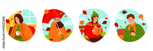 People enjoy autumn season, labels set. Characters revel hot drink at home, walking outdoor in rain, reading book in park or picking mushrooms. Autumn time, fall season.