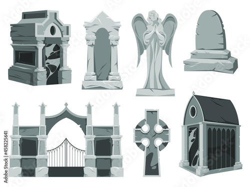Graveyard or cemetery elements set. Vector icons of old or ancient crypt, gravestone or tombstone, cross, chapel and gate. Gothic ritual symbols for Halloween banners.