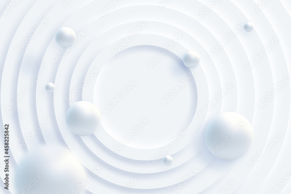 Obraz premium Top view of simple empty white circle podium stage background. Futuristic technology design. Abstract parametric interior. Blank opened 3D illustration mock-up. White building pale geometric pattern.