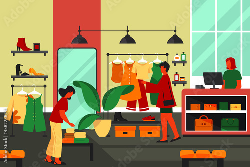 Women enjoy shopping in mall, banner or background. Vector poster with people choosing clothes in store or boutique. Shop center interior, woman apparel.