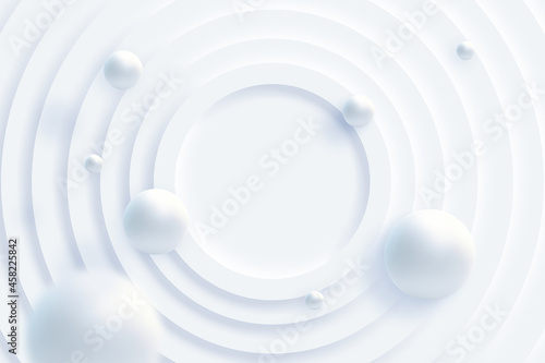 Fototapeta Naklejka Na Ścianę i Meble -  Top view of simple empty white circle podium stage background. Futuristic technology design. Abstract parametric interior. Blank opened 3D illustration mock-up. White building pale geometric pattern.
