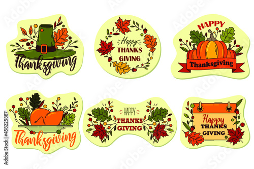 Thanksgiving decorative labels set. Round stickers for holiday postcard or greetings. Vector emblems decorated with pumpkin, hat, calendar, turkey autumn leaves elements.