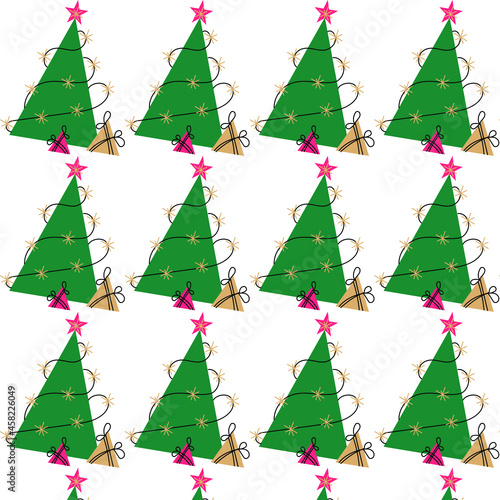 pattern of a green Christmas tree with lights and gifts