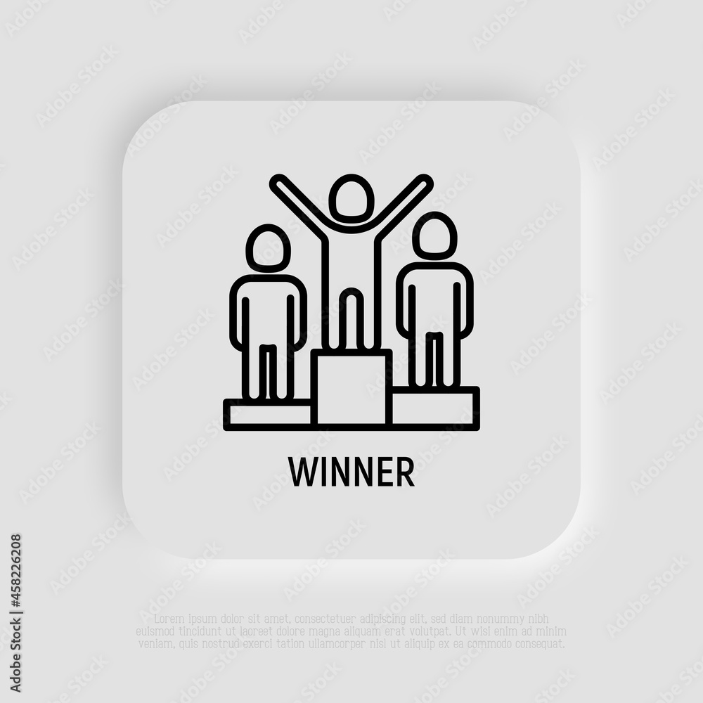 Winner at podium thin line icon. Champion, leader, achievement of goal. Vector illustration. Winner at podium thin line icon. Champion, leader, achievement of goal. Vector illustration.