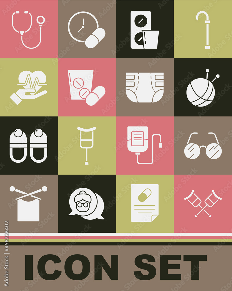 Set Crutch or crutches, Eyeglasses, Yarn ball with knitting needles, Pills blister pack, Medicine pill tablet, Heart rate, Stethoscope and Adult diaper icon. Vector Set Crutch or crutches, Eyeglasses, Yarn ball with knitting needles, Pills blister pack, Medicine pill tablet, Heart rate, Stethoscope and Adult diaper icon. Vector