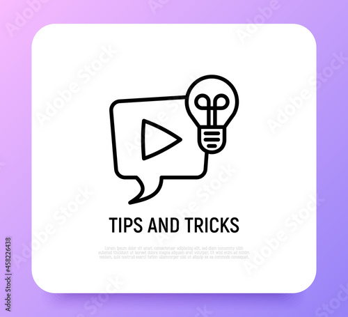 Tips and tricks thin line icon. Video with interesting and helpful ideas: speech bubble with play button and light bulb. Modern vector illustration for logo.