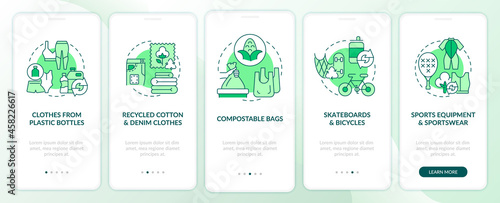 Clothes from upcycled materials onboarding mobile app page screen. Trash recycling walkthrough 5 steps graphic instructions with concepts. UI, UX, GUI vector template with linear color illustrations