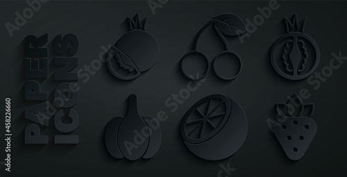 Set Orange fruit, Tomato, Garlic, Strawberry, Cherry and icon. Vector