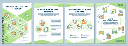 Waste recycling trends brochure template. Waste management problem. Flyer, booklet, leaflet print, cover design with linear icons. Vector layouts for presentation, annual reports, advertisement pages