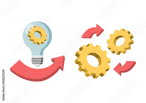 Implementation process or integration of innovative ideas improvement and optimization operations management vector illustration in the manufacturing business.