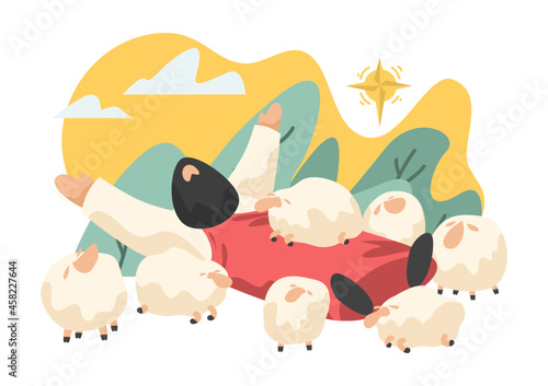 Draw cartoon Jesus and lambs as a vector, able to be used with various media and designs.