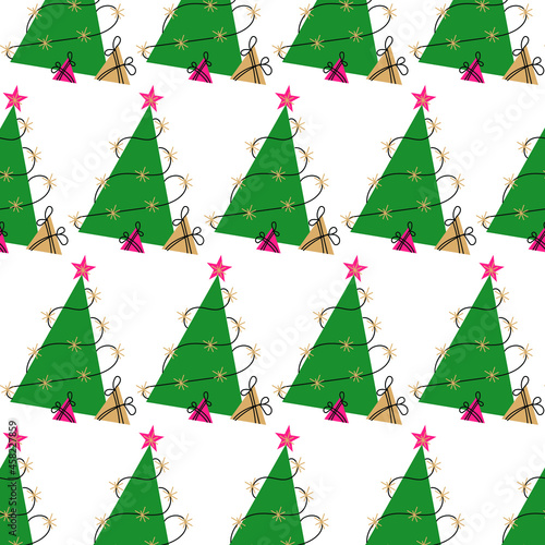 pattern of a green Christmas tree with lights and gifts