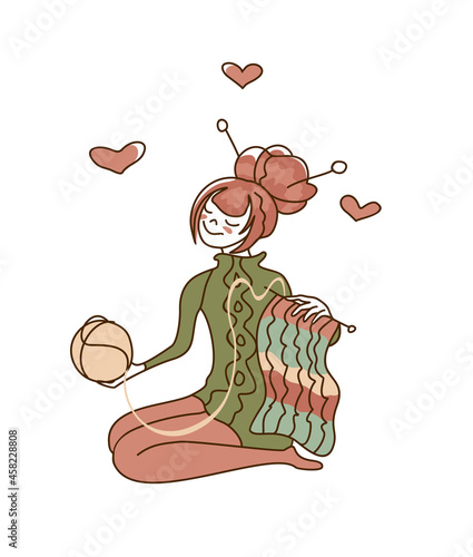 Smiling girl knits and enjoys her beautiful yarn. Knitting, crochet, hobby handmade. Illustration, vector.
