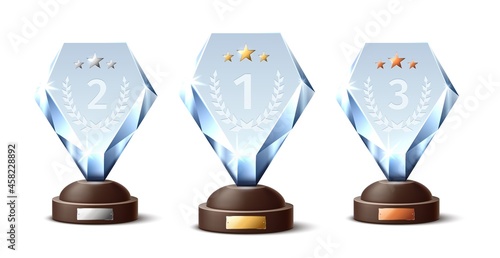 Crystal trophies. Realistic glass awards, gold, silver and bronze winning prizes, diamond shape, transparent sparkling figurines. Blank competition cup, sport and music achieve vector set