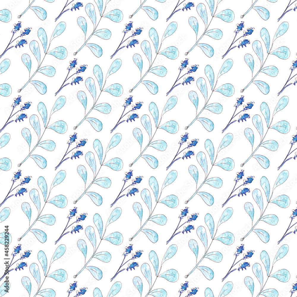 Hand drawn watercolor winter seamless pattern with plant. Botanic illustration.
