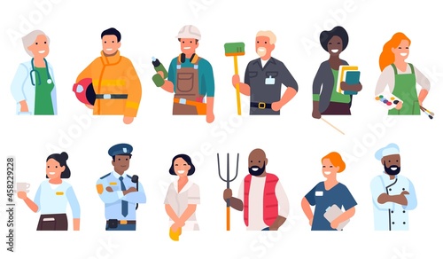 People of different professions. Cartoon worker portraits to waist with hands. Multiethnic men and women in uniform. Smiling person avatars. Professional activities. Vector employees set