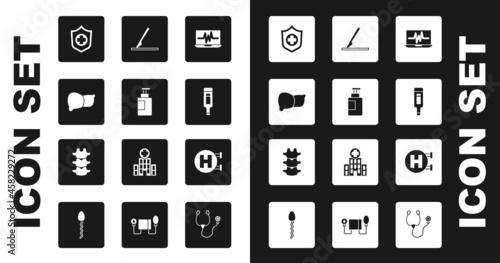 Set Laptop with cardiogram, Hand sanitizer bottle, Human organ liver, Life insurance in hand, Digital thermometer, Medical surgery scalpel, Hospital signboard and spine icon. Vector