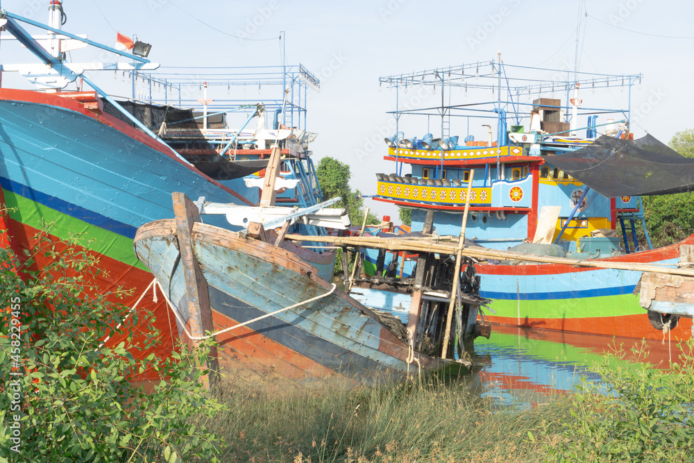 Landscape panoramic view of Commercial phishing boats, repair ship in dock Landscape panoramic view of Commercial phishing boats, repair ship in dock