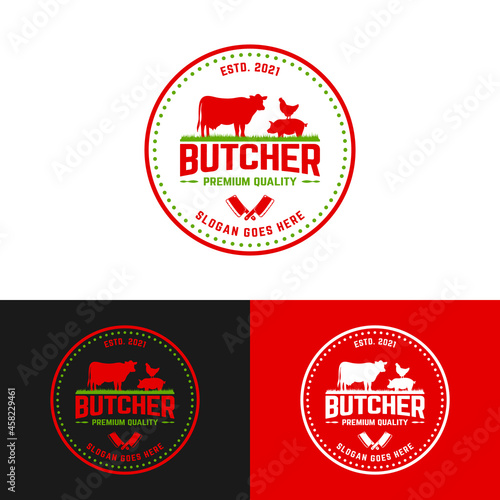 Vintage Butcher Badge Label Stamp Emblem with Symbol of Cow Pork Chicken. Suitable for Butchers Butchery Deli Beef Meat Shop Market in Hipster Retro Style Logo Design Template.